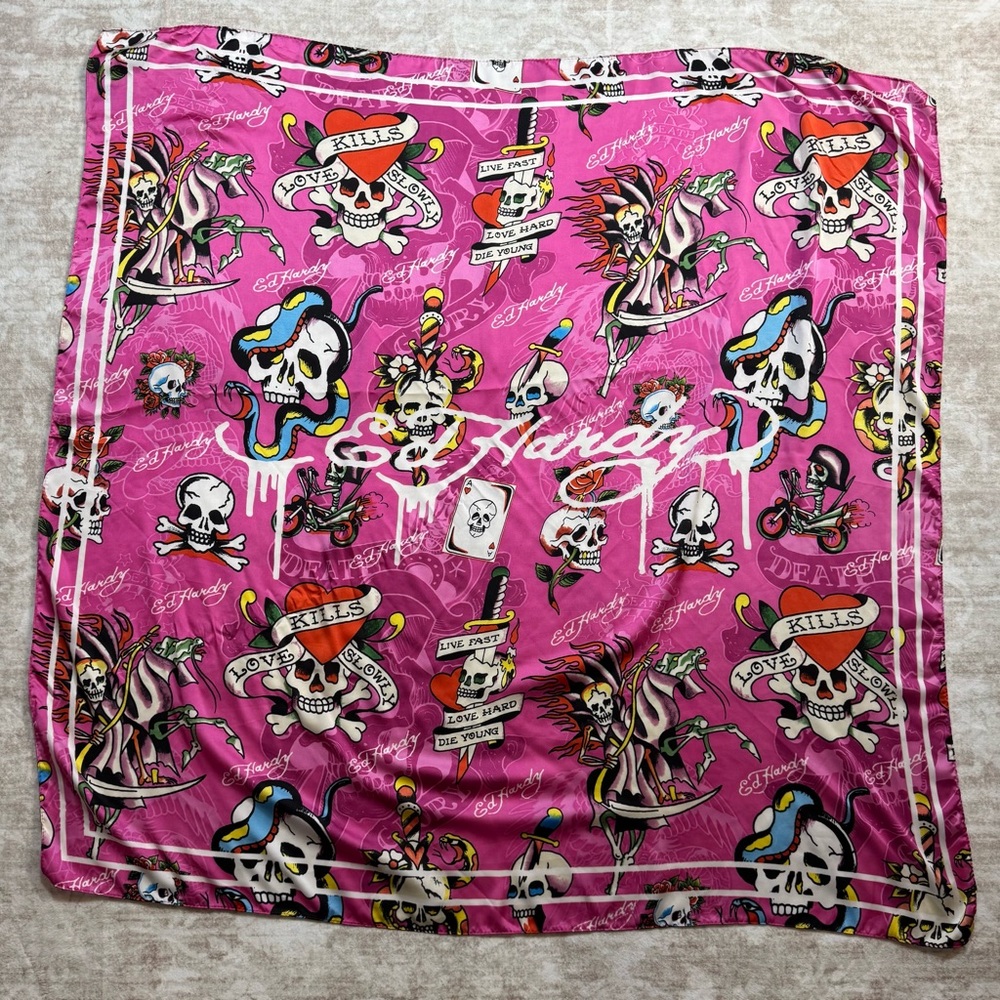 Ed Hardy Pink Skull Snake Tattoo Print Satin Scarf Wrap Y2K 43x43‎